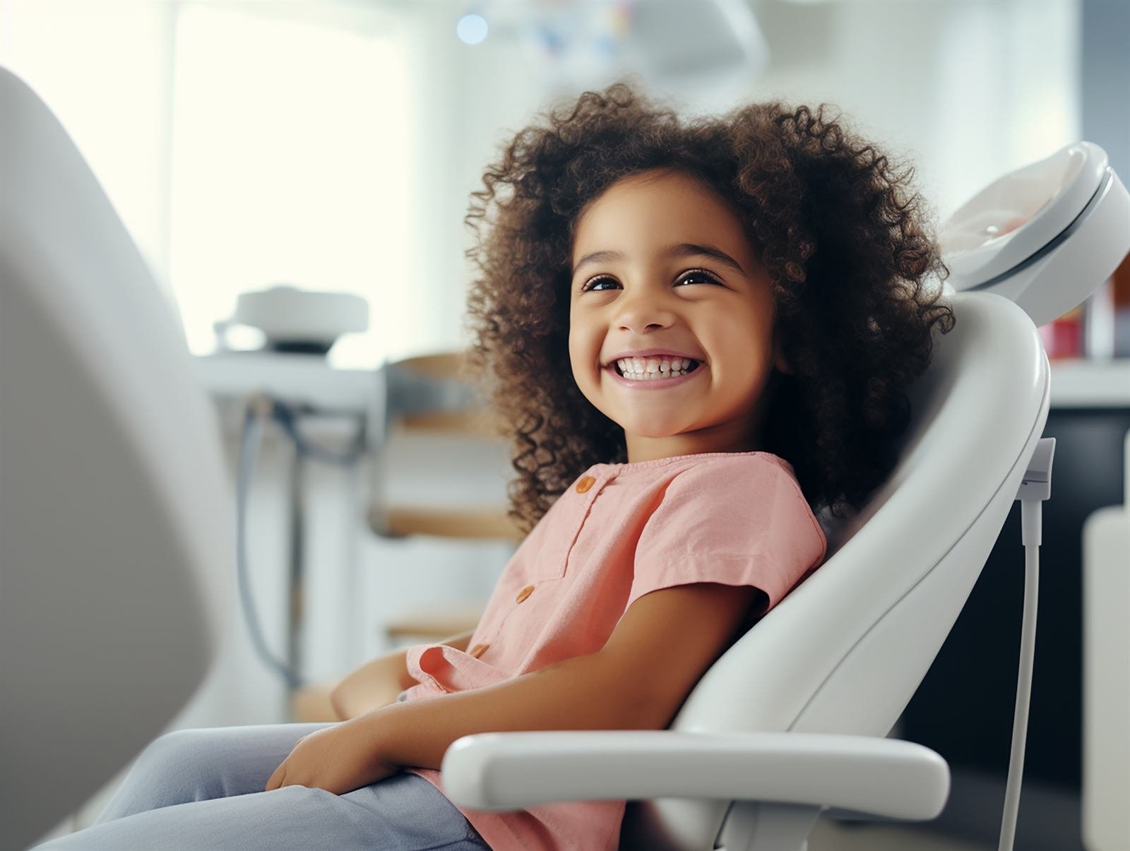 Niña sonriendo feliz en el sillón dental